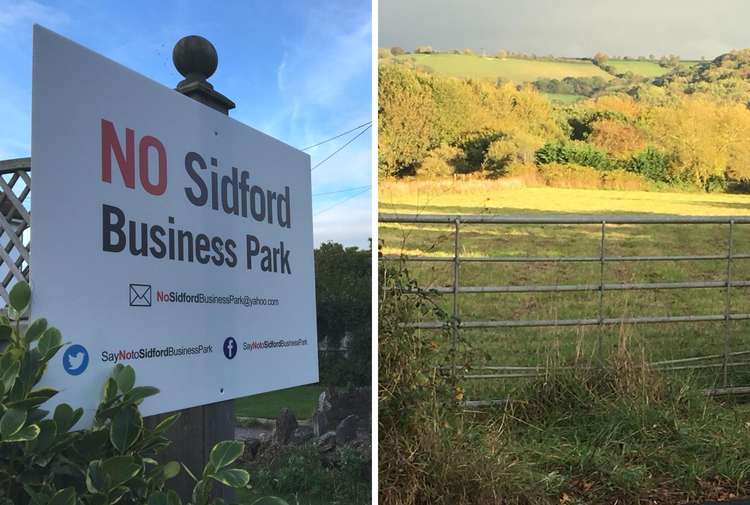 L: No to Sidford Business Park sign. R: The land Sidford Business Park will be built on. (Credit: Daniel Clark/LDRS).