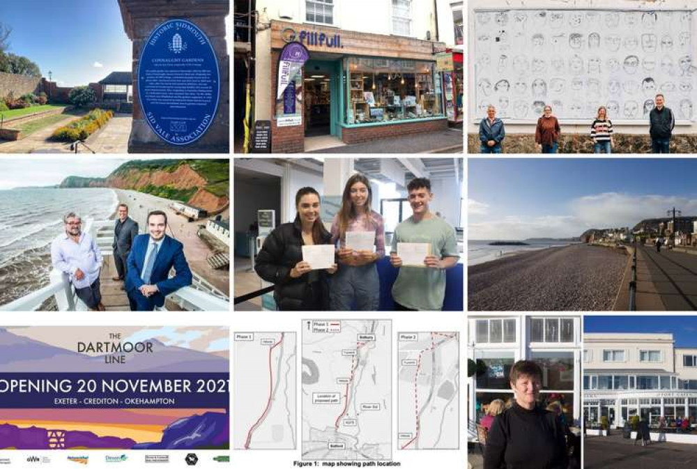 Top: Connaught Gardens; Fillfull; Billboard (Sidmouth Coastal Community Hub). Mid: Jurassic Fibre; Sidmouth College students; The town beach. Bottom: Dartmoor line poster (Network Rail); Cycle path (OpenStreetMap/DCC); Bev Faulkner