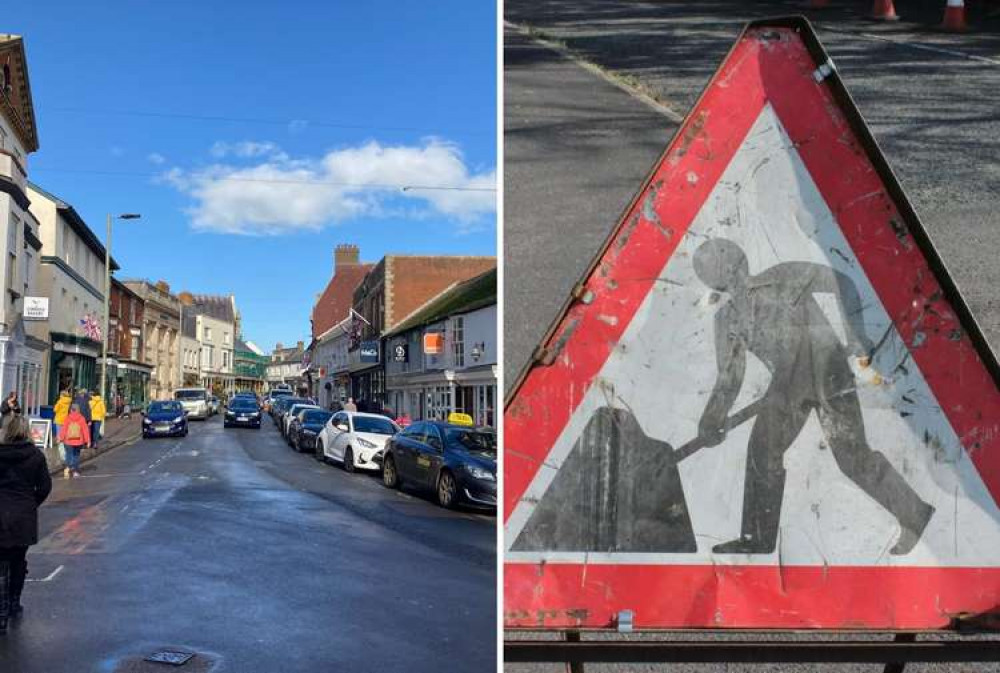 L: The A375 runs through Sidmouth town centre (Nub News, Will Goddard). R: A stock image of a roadworks sign (Devon County Council)