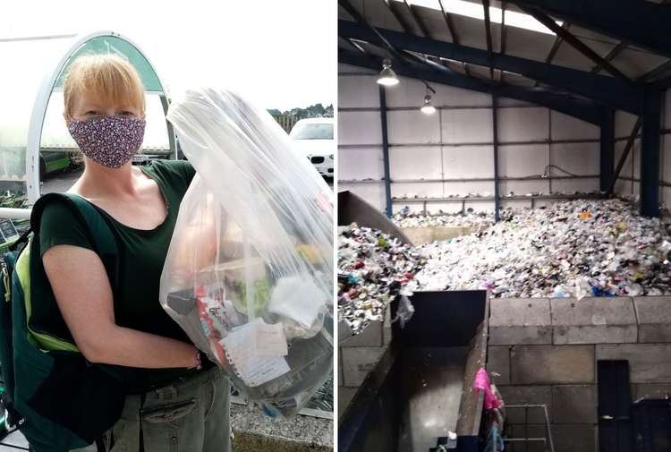 L: Cllr Denise Bickley. R: A pile of recycling waiting to be sorted at Greendale.