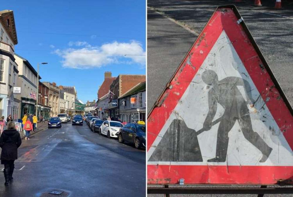 L: The scope of the works covers 1.2km of the A375 into Sidmouth (Nub News, Will Goddard). R: Roadworks sign (DCC)