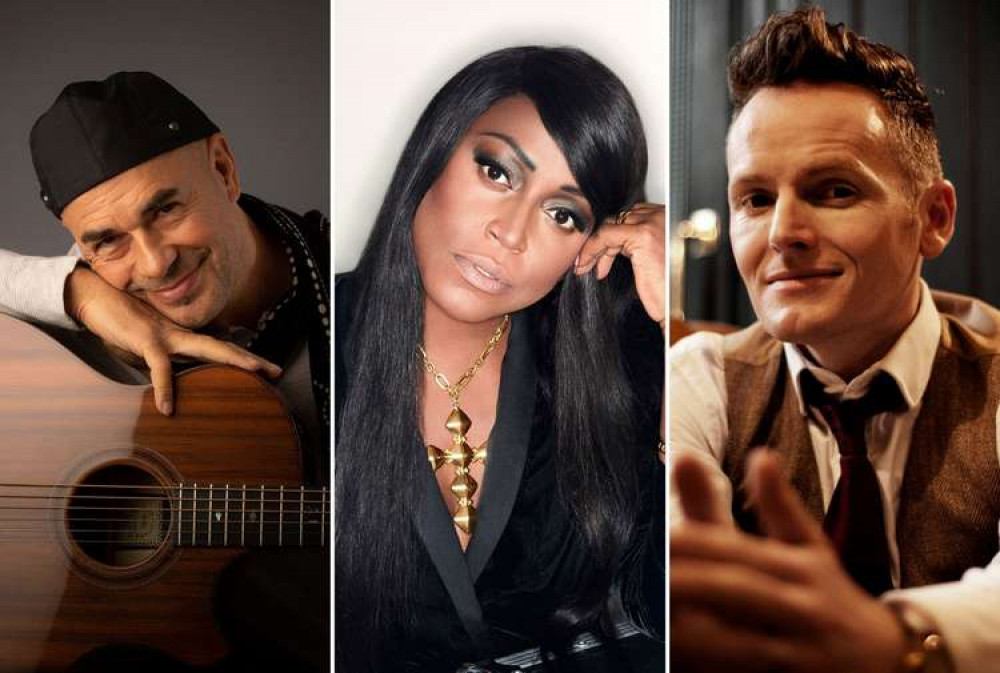 Artists Antonio Forcione, Mica Paris, and Joe Stilgoe (L to R) will perform at the Sidmouth International Jazz and Blues Festival