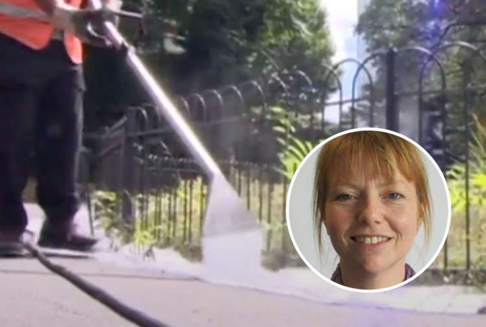 'Hot foam' weed killer (BBC News). Inset: Cllr Denise Bickley (EDDC)