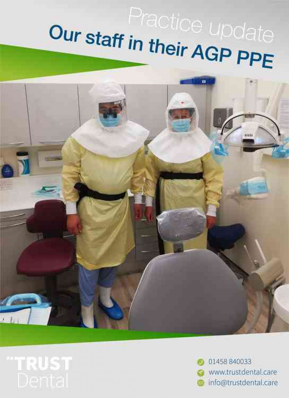Dentist and nurse, James and Ali, in their reusable surgical gowns and powered respirator hoods, ready for their next patient