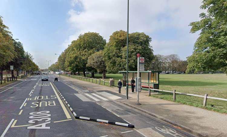 The Hampton Court cycleway includes a divided bus stop and slows traffic down to one lane (Image: Google Streetview)