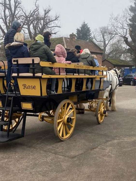 Families enjoy the ride on a horse-drawn carriage through Bushy Park