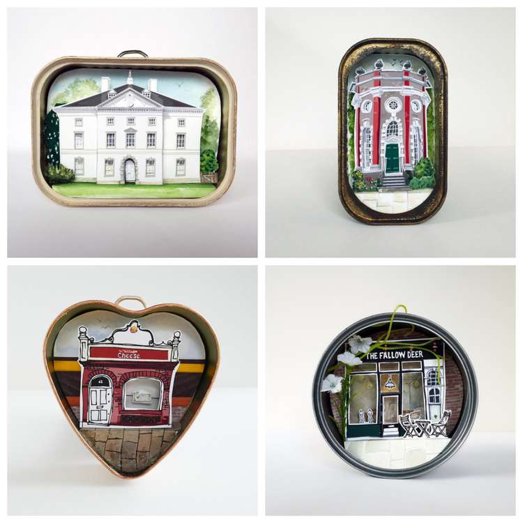 Some of Suki's tin diaromas - clockwise from top left: Marble Hill House, The Octagon Rooms, The Fallow Deer and The Teddington Cheese (Images: Suki Hubbard)