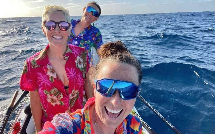 Team ExtraOARdinary snap a selfie on board the Dolly Parton, in the middle of the Atlantic ocean. Left to right: Kat Cordiner, Charlotte Irving and Abby Johnston