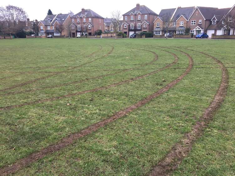 Hampton Green has been scarred by tyre tracks from joyriders (Image: Gareth Roberts)