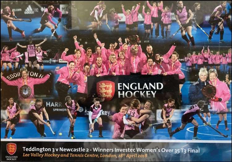 The Teddington women also have a very successful master's section. Above, they can be seen celebrating the National Tier 3 Championships in 2018 (Image: Teddington Hockey Club)