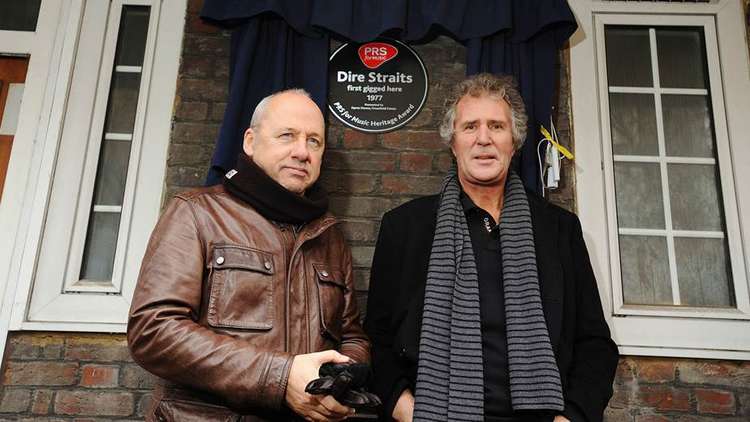 John and Mark Knopfler outside the Deptford flat where Dire Straits was formed