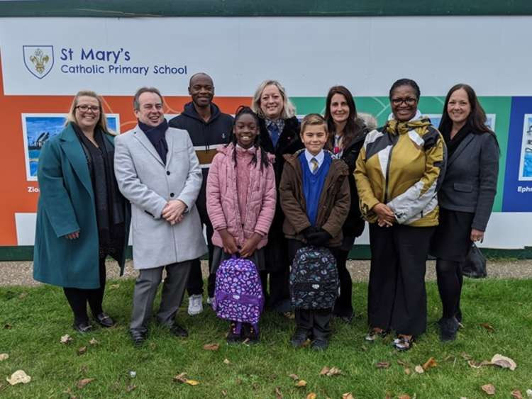 From left: headteacher Victoria McBrown, leading regeneration councillor Mark Coxshall, Ziona's dad, Ziona. MP Jackie Doyle-Price, Max and his mum, town funds board member Yewande Kannike and Viki Reid, representing Gateway Learning Centre.