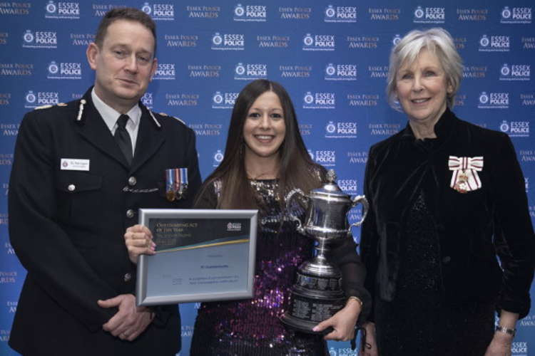 Essex Chief Constable Ben-Julian Harrington and Essex Lord-Lieutenant Jennifer Tolhurst present the Wilson Trophy and certificate for the outstanding act of the year to PC Chantelle Feyzifar