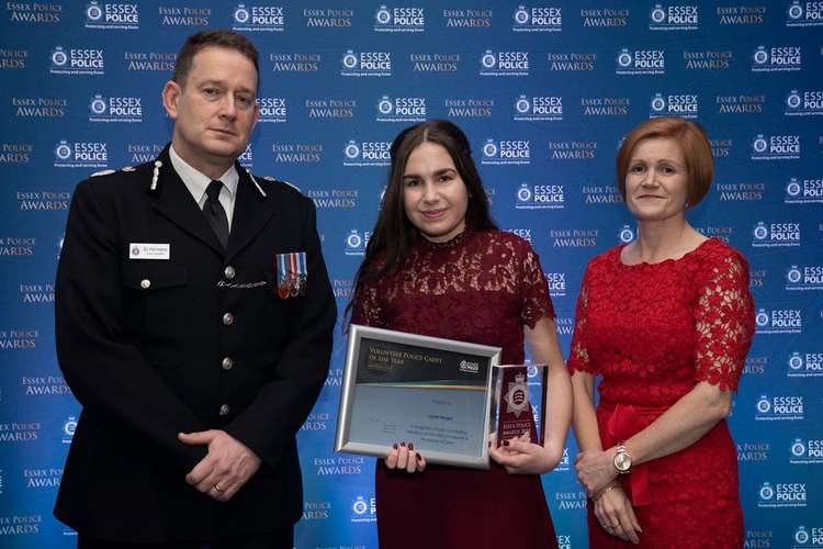 Essex Chief Constable Ben-Julian Harrington and Essex Lord-Lieutenant Jennifer Tolhurst present Cadet Lauren Hooper with her award.