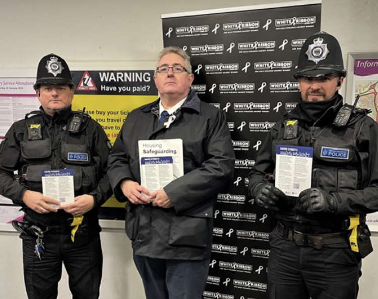 Cllr Rob Gledhill with British Transport police officers at Grays rails station.