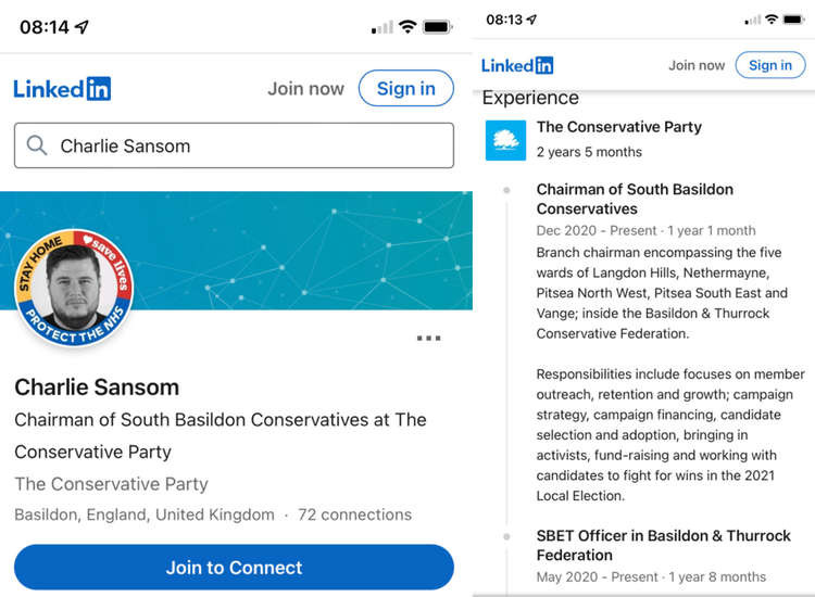 Charlie Sansom's 'Linked In' pages where his position as a local chairman is detailed.