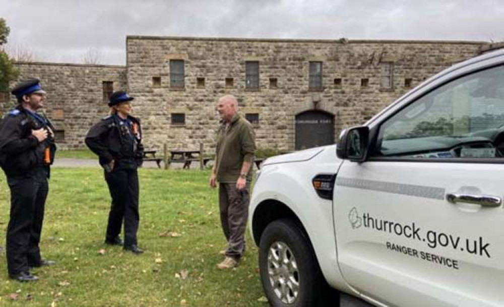 Community police officers Billy Page and Steph Flanagan with park ranger Ray Reeve at Coalhouse Fort.