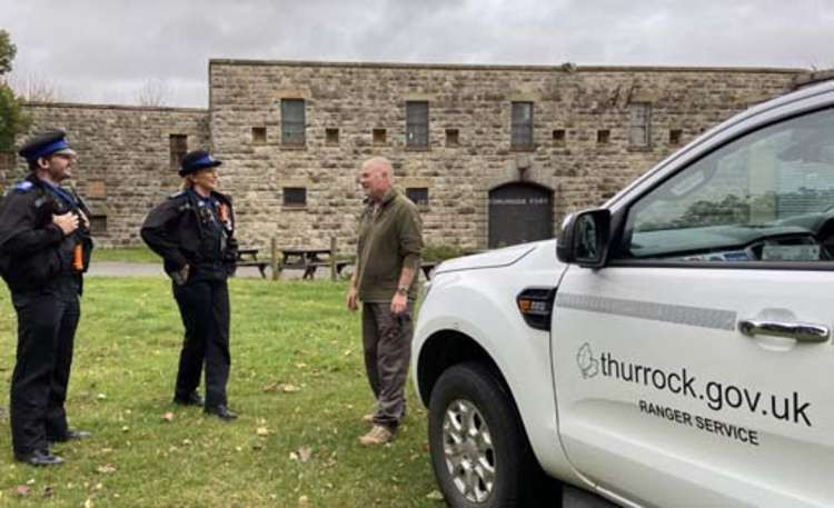 Community police officers Billy Page and Steph Flanagan with park ranger Ray Reeve at Coalhouse Fort.