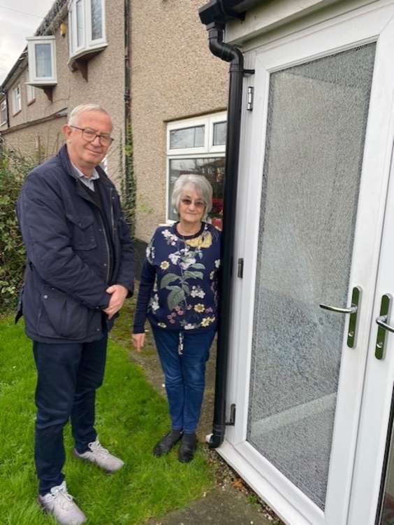 Cllr Steve Liddiard with Mrs Nelder and the smashed porch