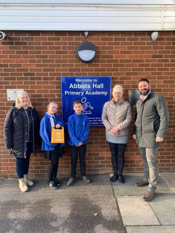 Pupils at Abbotts Hall with the new defibrillator