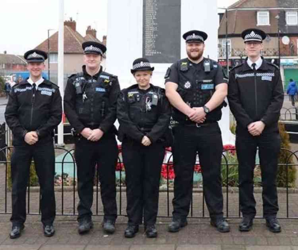 Pictured at a 2020 Thurrock Police initiative: Chief Inspector Richard Melton, PC Bran Butcher, PC Lauren Whitwell, PC Richard Harris, Superintendent Craig Saunders.