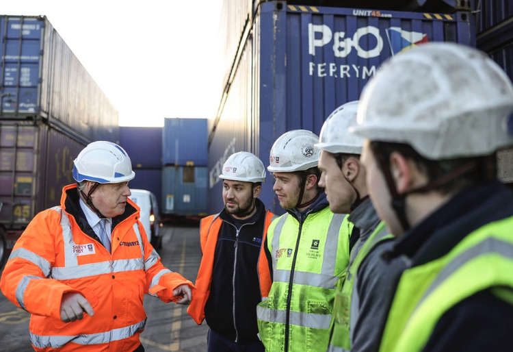 The Prime Minister with Port of Tilbury apprentices and former apprentices at the opening of Tilbury2 today.