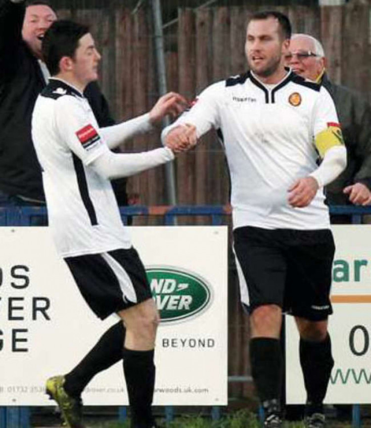 Tom Wraight (left) and Sam Higgins celebrate in their East Thurrock days - today they both scored against their former club.