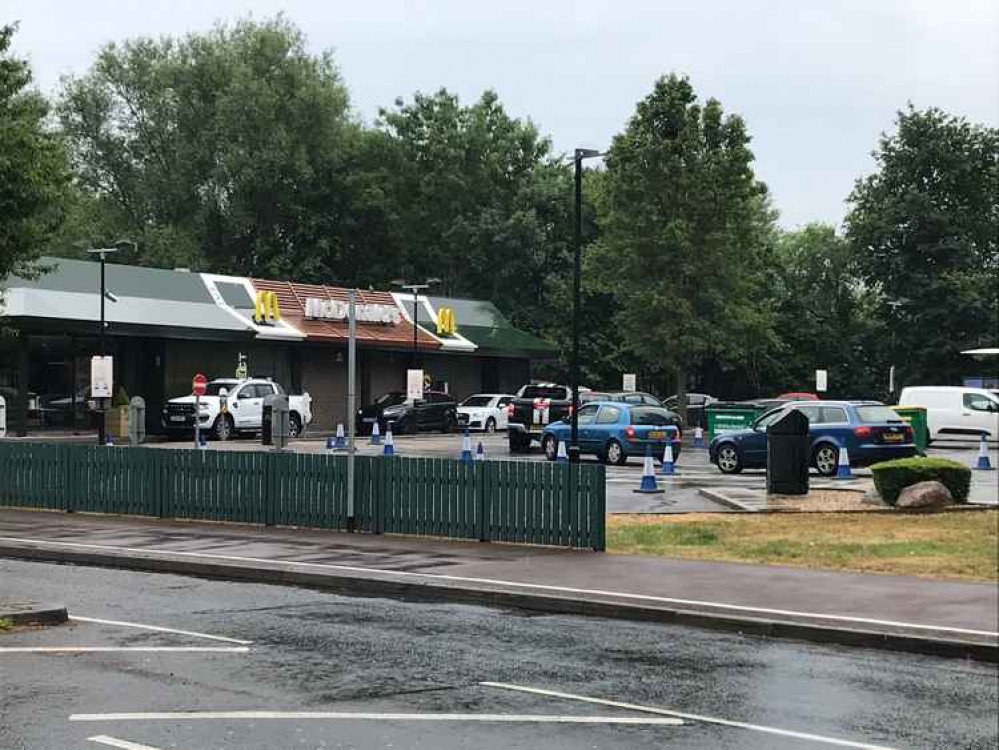 Traffic queuing at McDonald's in Street when it opened after lockdown