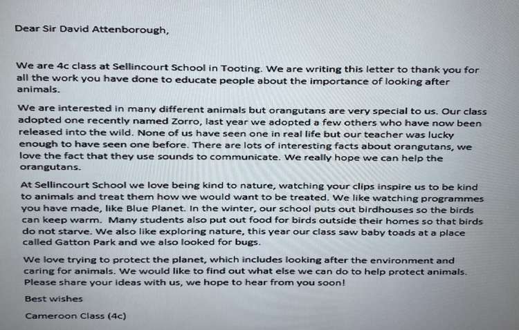 4C's note to Sir David Attenborough (credit: Sellincourt Primary School)