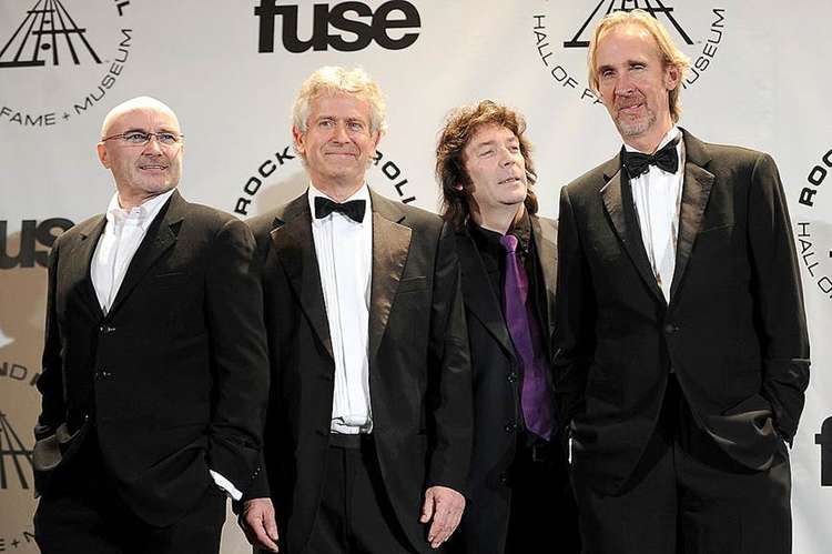 From left to right: Phil Collins, Tony Banks, Steve Hackett and Mike Rutherford of Genesis at their Rock and Roll Hall of Fame induction in 2010