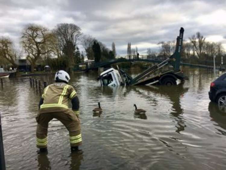 A high tide in Twickenham riverside this afternoon fooled a lorry driver and almost ended in disaster. Credit: Ruth Wadey.