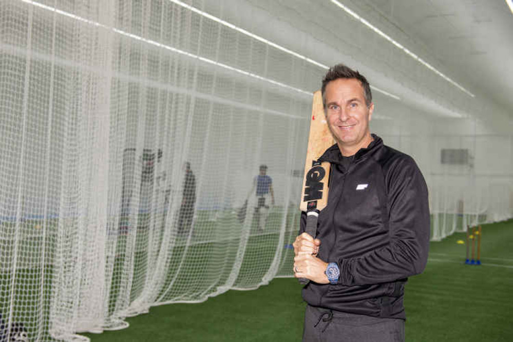 England Cricket legend Michael Vaughan in Millfield's Indoor Cricket Centre