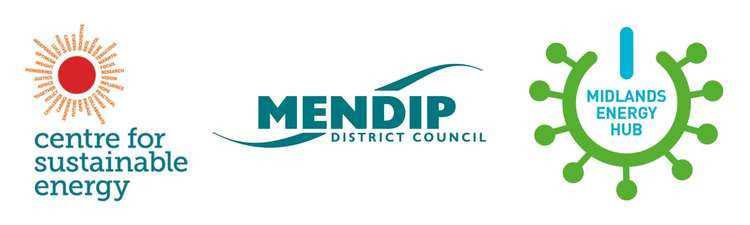 Centre for Sustainable Energy logo, Mendip District Council logo and Midlands Energy Hub logo