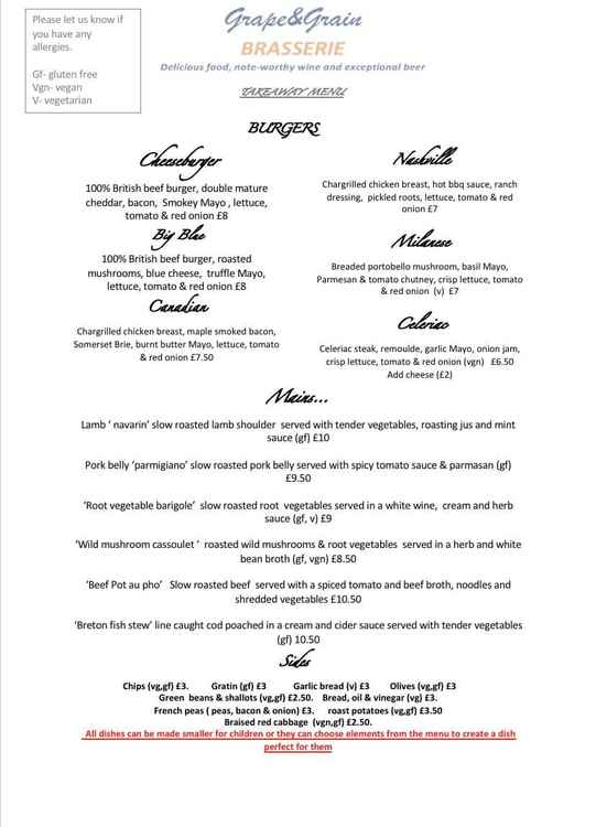 The Grape and Grain Brasserie menu