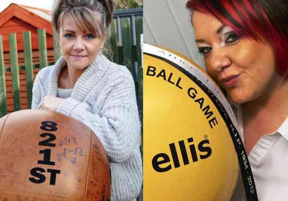 On the ball: Sister act Janneen Bernard, left, with this year's signed ball and Lou Hadley kissing the one from 2013