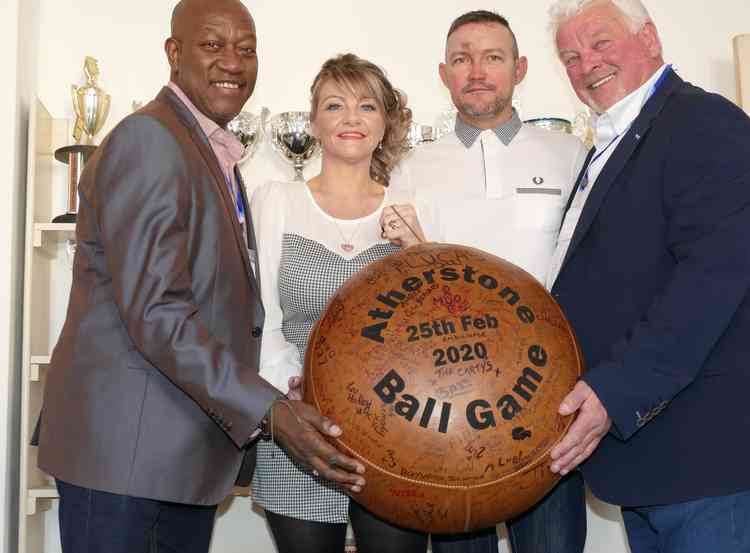 Ready for the off: Ex-Coventry City players Dave Bennett, far left, and Kirk Stephens, far right, with chairman Rob Bernard and secretary Janneen Bernard