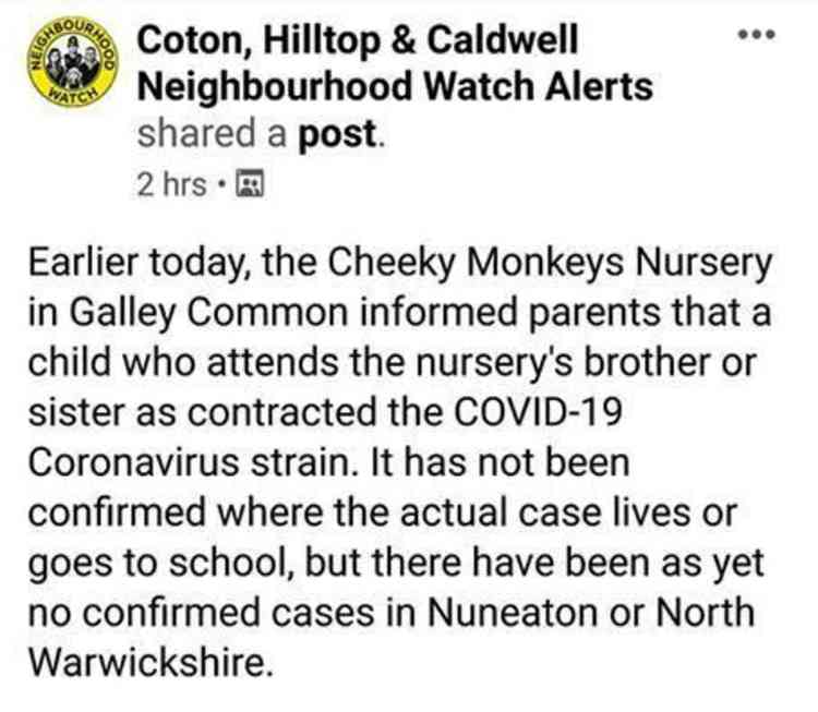 Facebook post: The Coton, Hilltop & Caldwell Neighbourhood Watch alert