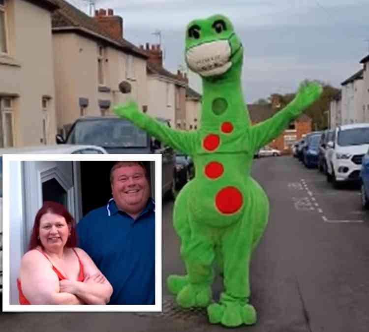 Smiles and sorrow: Dino the dinosaur and Jim and Steph Powell (inset)