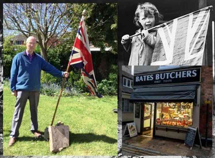Past and present: Chris Green with the flag, the Bates shop today and a scene from 75 yars ago on VE Day