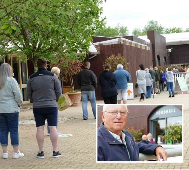 To queue and back: Customers wait patiently with Mick Latham, inset