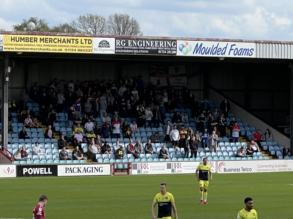 The travelling Stevenage fans at Glandford Park on Bank Holiday Monday. CREDIT: @laythy29