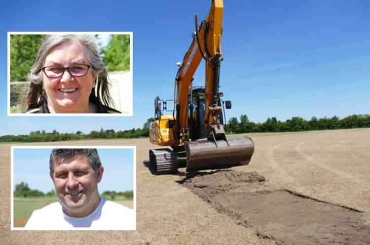 Digging in: Excavator starts the process with, inset, Julie Douglas and Chris Carmody