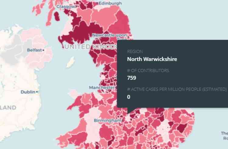 Zero rating: Covid-19 Sympton Study active ases for North Warwickshire