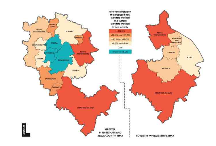 Mapping out future: The difference between the proposed new 'standard method' and the current standard method with North Warwickshire above a 120 per cent increase in local housing needs