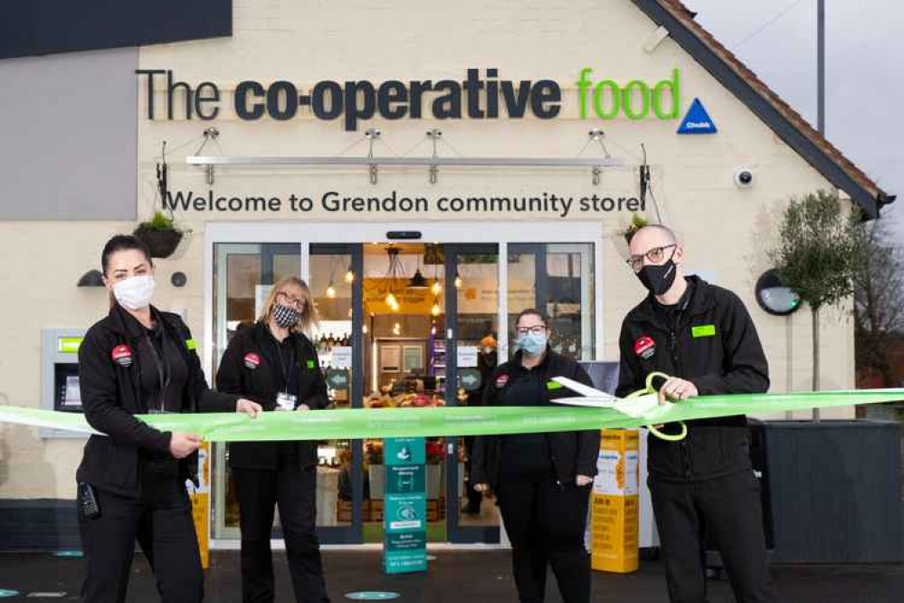 The team at the new Central England Co-op in Grendon cut the ribbon after more than £500,000 was invested and 12 jobs created