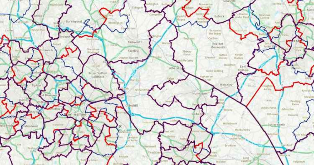 Current constituency boundaries (in blue) and proposed changes (in red)