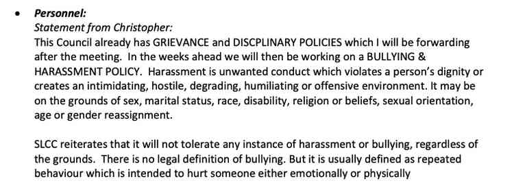 During the meeting (as seen in the minutes) a Bullying and Harassment Policy was announced. Cllr Rod Thomas voiced his opposition saying: – I won't sign up, I'm not giving up my democratic right, you can do what you like." (Photo credit: SLCC)