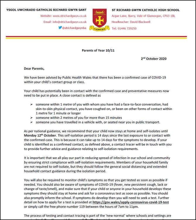 The first page of a letter sent to parents by the head teacher at St Richard Gwyn (Photo credit: St Richard Gwyn Twitter page)