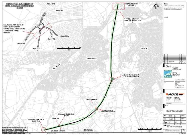 Option B A map showing the proposed Dinas Powys bypass with a roundabout linking to Murch Road. Picture: Arcadis Consulting