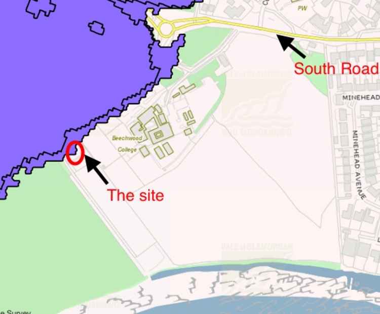 The plans would entail building a road between the existing site and South Road. Between them lie Beachwood College and two patches of land owned by the Church of Wales. The purple represents the floodplain.